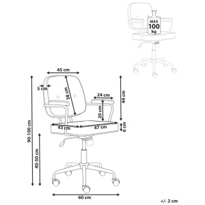 Schizzo sedia ufficio Pawnee arancione con dimensioni, carico max 100kg.