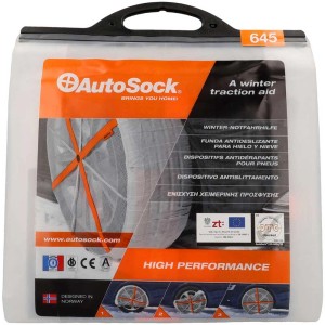 AutoSock aide hivernale à la traction Groupe 645 dans un sac transparent. Aide textile pour routes hivernales.