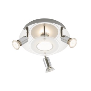 Plafoniera LED cromata moderna con quattro faretti GU10, ideale per soggiorno e camere da letto.