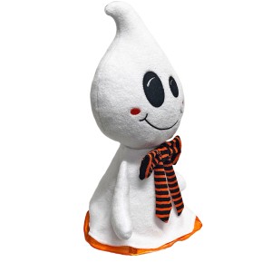 Fantôme d'Halloween assis, figurine décorative blanche avec nœud papillon rayé, hauteur 35 cm.