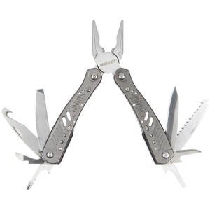 Multitool Wolfcraft 13en1 ouvert. Ensemble d'outils avec pince, couteau, scie, tournevis et plus.