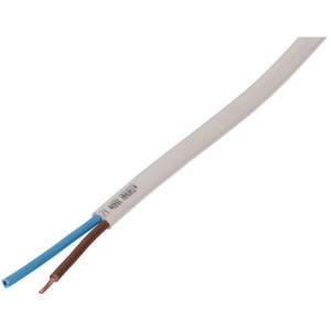 Câble TDF blanc H05VVH2-F2X1 au mètre, câble plat en plastique avec conducteur interne bleu et marron.