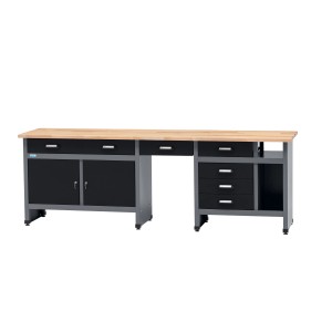 Banco da lavoro Küpper con cassetti, ante e area salotto, nero-grigio, con piano in legno di faggio.