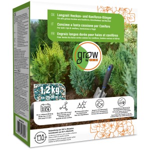 GROW by OBI engrais longue durée pour haies et conifères, paquet de 1,2 kg pour haies vertes et conifères.