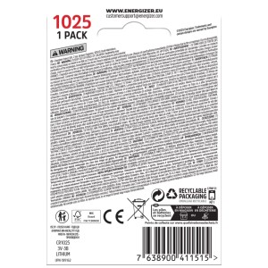 Pila a bottone al litio Energizer CR1025, 3V, confezione da 1, retro della confezione.