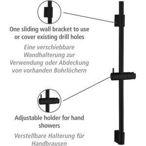Barre de douche noire Wenko Classic, 70 cm, avec support de douche réglable et support mural coulissant.