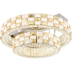 Plafonnier LED chromé Lidia avec cristaux de verre clairs et ambrés, Ø 61 cm.