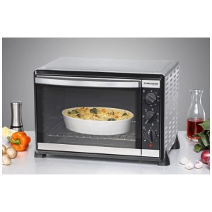Forno Rommelsbacher BG 1805/E: Design in acciaio inox con cibo all'interno.