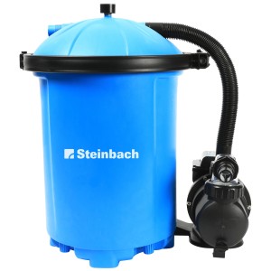 Système de filtration Steinbach Active Balls 75 : Filtre à sable bleu avec pompe noire et tuyau.