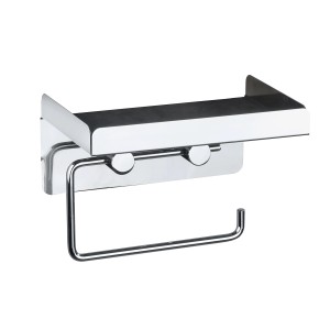 Porta carta igienica Wenko in acciaio inox lucido con ripiano per salviette umidificate.