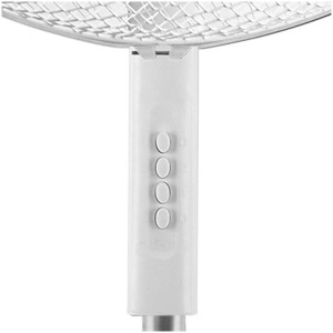 Gros plan : Ventilateur sur pied Emerio blanc avec boutons de commande sur la base.