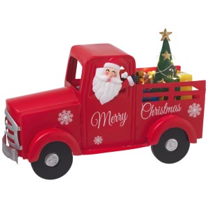 Voiture décorative rouge en métal avec Père Noël, sapin illuminé et cadeaux. Inscription "Merry Christmas". Décoration de Noël.