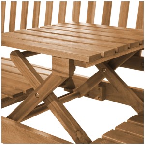 Gros plan sur le banc de jardin Beliani Hilo marron en acacia avec table pliante.