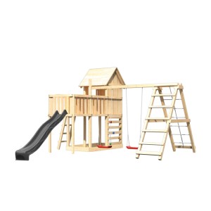 Karibu Maisonnette Frieda avec toboggan, balançoire, mur d'escalade et structure en bois.