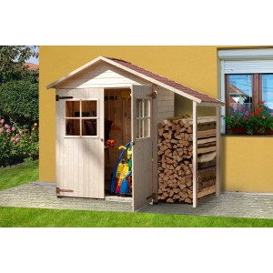 Armoire de terrasse Weka taille 2 avec double porte et toit en appentis en bois naturel, partiellement ouverte.