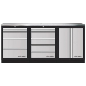 Kraftwerk Werkbank Mobilio 3er-Kombi aus Edelstahl mit Schubladen und Schrank.