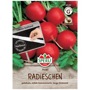 Sperli Graines de radis Parat avec ruban de semences, radis rouges et ronds sur l'emballage.