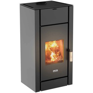 Poêle à bois Ecofox Adelaide 10 kW gris avec vitre et feu.