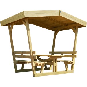 Gazebo da giardino Weka Tessin in legno naturale con tavolo e panche.