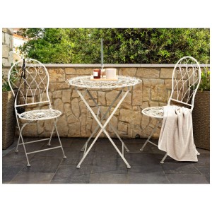 Set bistro Beliani Stiffe, pieghevole, in metallo bianco, per balcone e patio.