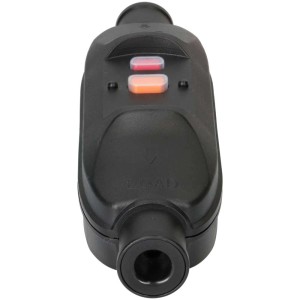 Interruttore differenziale portatile nero 16A/230V con pulsanti test e reset.