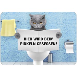 Panneau métallique humoristique avec chat aux toilettes : Ici, on s'assoit pour faire pipi !