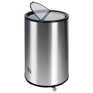 Kibernetik Party-Cooler KS40M, zylindrischer Standkühlschrank aus Chromstahl, schwarz, mit offenem Klappdeckel und Rollen.