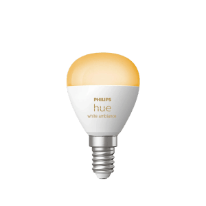 Lampadina Philips Hue E14 a goccia con luce bianca calda.