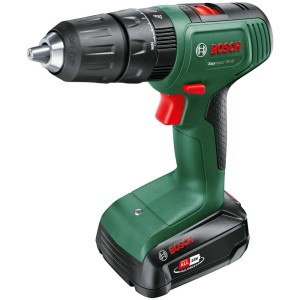 Dettaglio del trapano avvitatore a batteria Bosch EasyImpact 18V con batteria e mandrino.