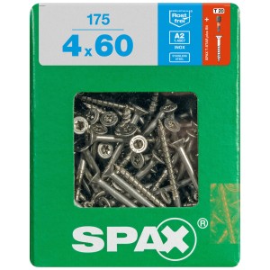 Viti Spax in acciaio inox A2, 4x60 mm, 175 pezzi, con filetto parziale e testa svasata in scatola verde.