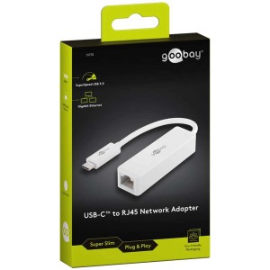 Adaptateur réseau blanc Goobay USB-C vers RJ45 pour connexions réseau filaires.