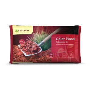 Sacco di Eifelhum Color Wood Rosso, 50 l pacciame decorativa con pala e texture legno rosso.