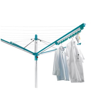 Leifheit Easy Clip porta mollette su stendibiancheria rotante con vestiti appesi.