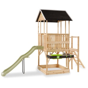 Maisonnette en bois Panorama Exit Toys avec toboggan, cuisine de boue et bac à sable.