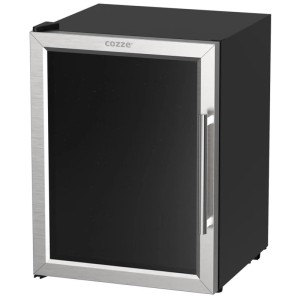 Schwarzer Cozze Outdoor-Kühlschrank, 60 l, mit Glastür und silbernem Rahmen. Ideal für Grillpartys.