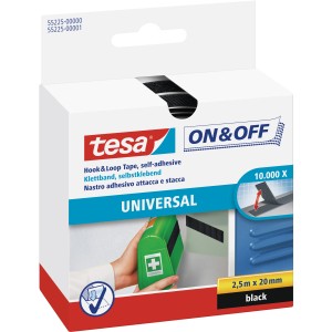 Tesa® On & Off Bande auto-agrippante universelle, 2,5m x 20mm, noire. Bande auto-adhésive pour usage polyvalent.