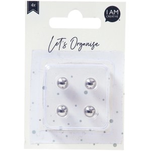 Vier silberne Metall-Kugelmagnete (8 mm) in Blisterverpackung für Notizen und Fotos. Künstlerzubehör.