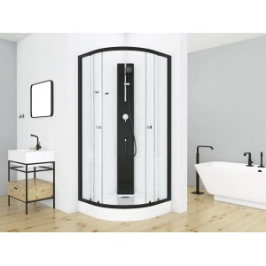Douche complète Aurlane Black Sea, 210x90x90cm, avec cadre noir et parois en verre blanc.
