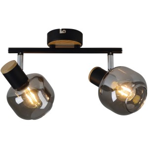 Plafoniera Näve Fumoso con 2 faretti, vetro grigio fumé, nero/naturale, per lampadine E14.