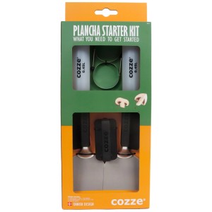 Cozze Set avviamento Plancha 9 pezzi: Utensili per griglia con spatole, spazzola, spugne, flaconi per salse e anelli per uova.