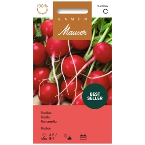 Confezione di semi di ravanello Rodos Frührot: Ravanelli rossi rotondi con foglie verdi.