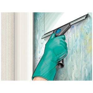 Illustrazione: mano con guanto verde che pulisce un vetro con il tergivetro OBI.