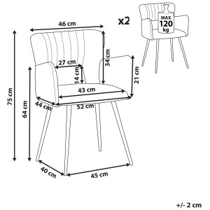 Skizze: Esszimmerstuhl Sanilac, olivgrün, 2er-Set, mit Maßen und Belastbarkeit 120kg.