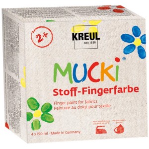 Kreul Mucki peinture au doigt textile, lot de 4 pots de 150ml (jaune, rouge, bleu, vert) pour enfants 2+.