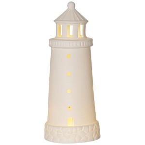 Figura LED Seaside bianca, design faro per interni, alta 25cm. Figura decorativa con luce bianca calda.