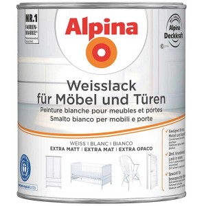 Alpina laque blanche extra mate, pot de 750ml pour meubles et portes.