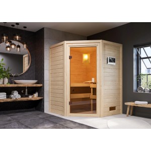 Sauna Woodfeeling Antonia con porta in vetro e stufa in bagno moderno.