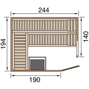 Layout della sauna angolare Weka Element Varberg 4 con dimensioni, posizione della stufa e fermaporta.