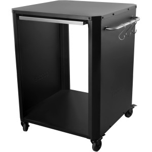 Table de jardin Cozze noire, carrée, extensible avec roulettes. Idéale pour les cuisines d'extérieur.