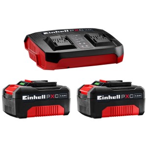 Caricabatterie Einhell con due batterie da 4 Ah per tosaerba a batteria.